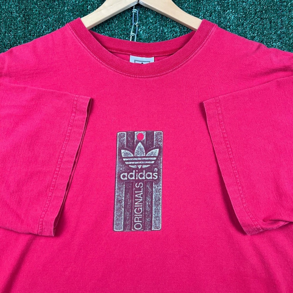 VTG Adidas T-Shirt Mens XL Red Originals Center Logo Graphic Dogtag Print 90s